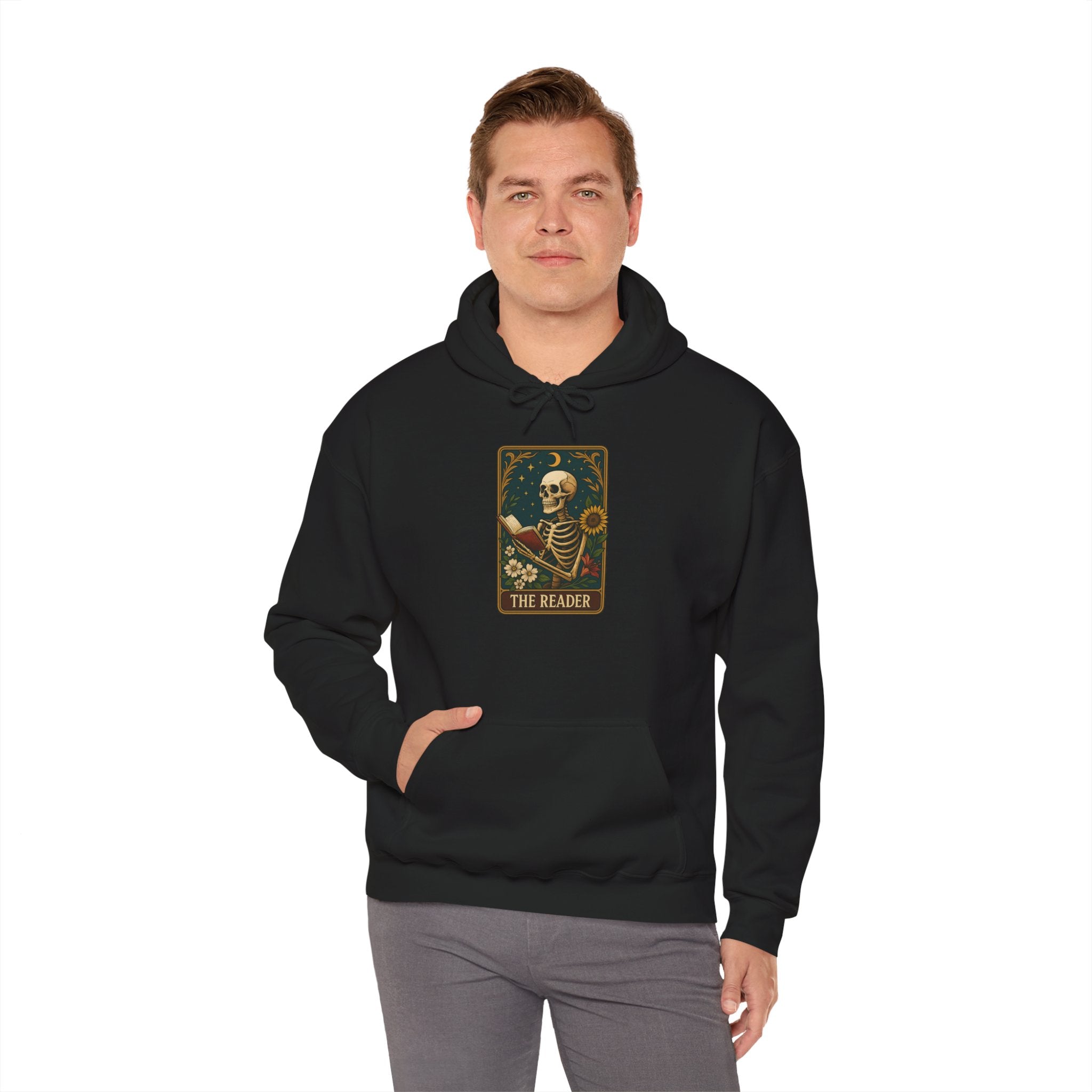 Skeleton Reader Tarot Hooded Sweatshirt - Cozy Gift for Book Lovers, Halloween Pullover, Unisex Sweatshirt, Literary Themed Hoodie