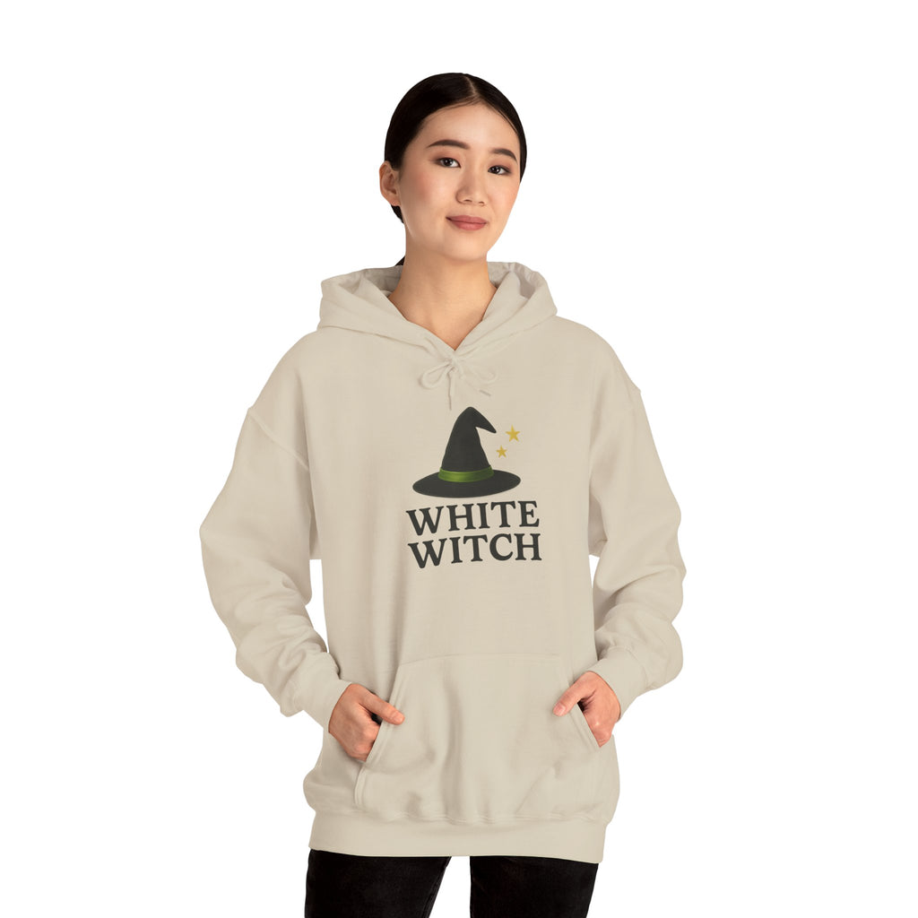 White Witch Hooded Sweatshirt, Cozy Halloween Apparel, Witchcraft Sweatshirt, Gift for Wiccans, Unisex Autumn Hoodie