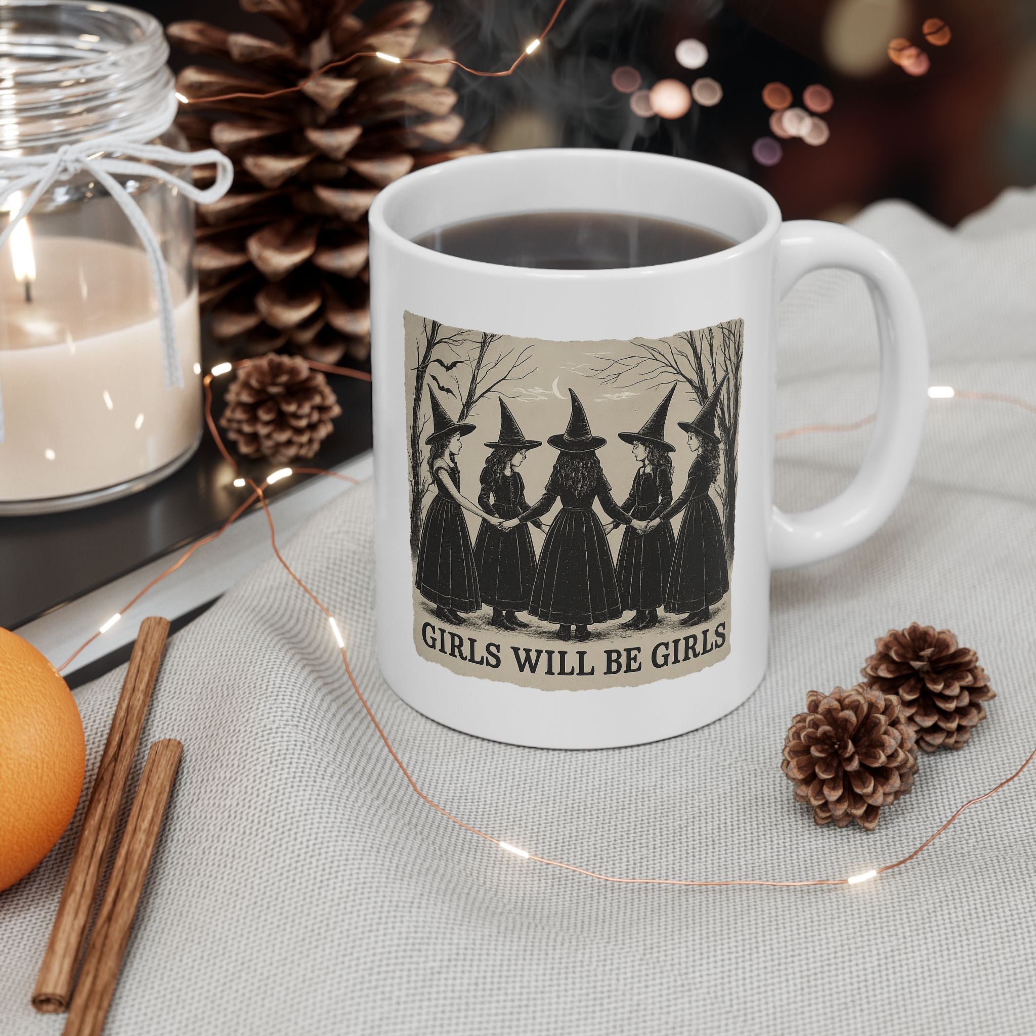 Mystical Girls Witch Ceramic Mug | Gothic Coffee Cup, Witchy Tea Mug, Unique Gift for Her, Halloween Decor, Spooky Kitchenware