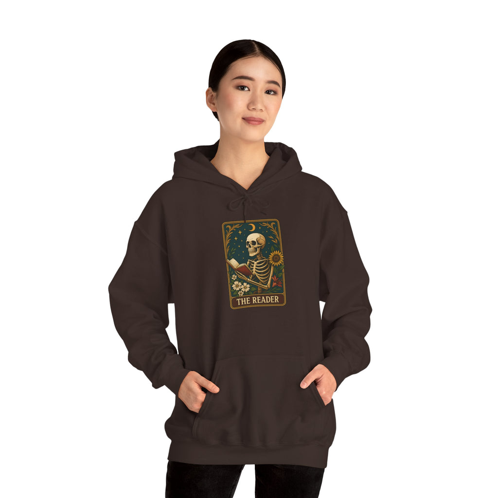 Skeleton Reader Tarot Hooded Sweatshirt - Cozy Gift for Book Lovers, Halloween Pullover, Unisex Sweatshirt, Literary Themed Hoodie