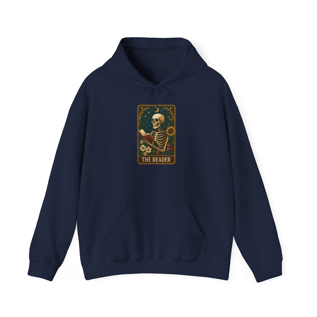 Skeleton Reader Tarot Hooded Sweatshirt - Cozy Gift for Book Lovers, Halloween Pullover, Unisex Sweatshirt, Literary Themed Hoodie