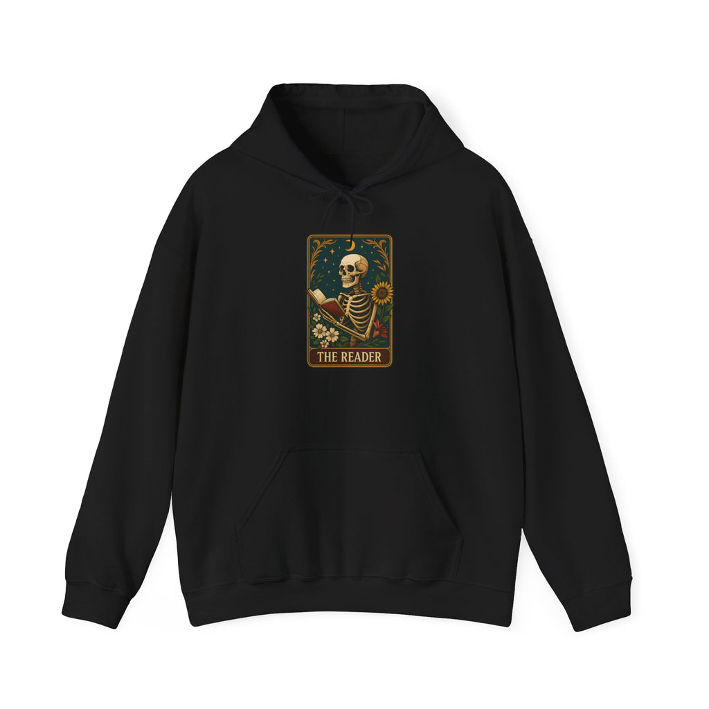 Skeleton Reader Tarot Hooded Sweatshirt - Cozy Gift for Book Lovers, Halloween Pullover, Unisex Sweatshirt, Literary Themed Hoodie