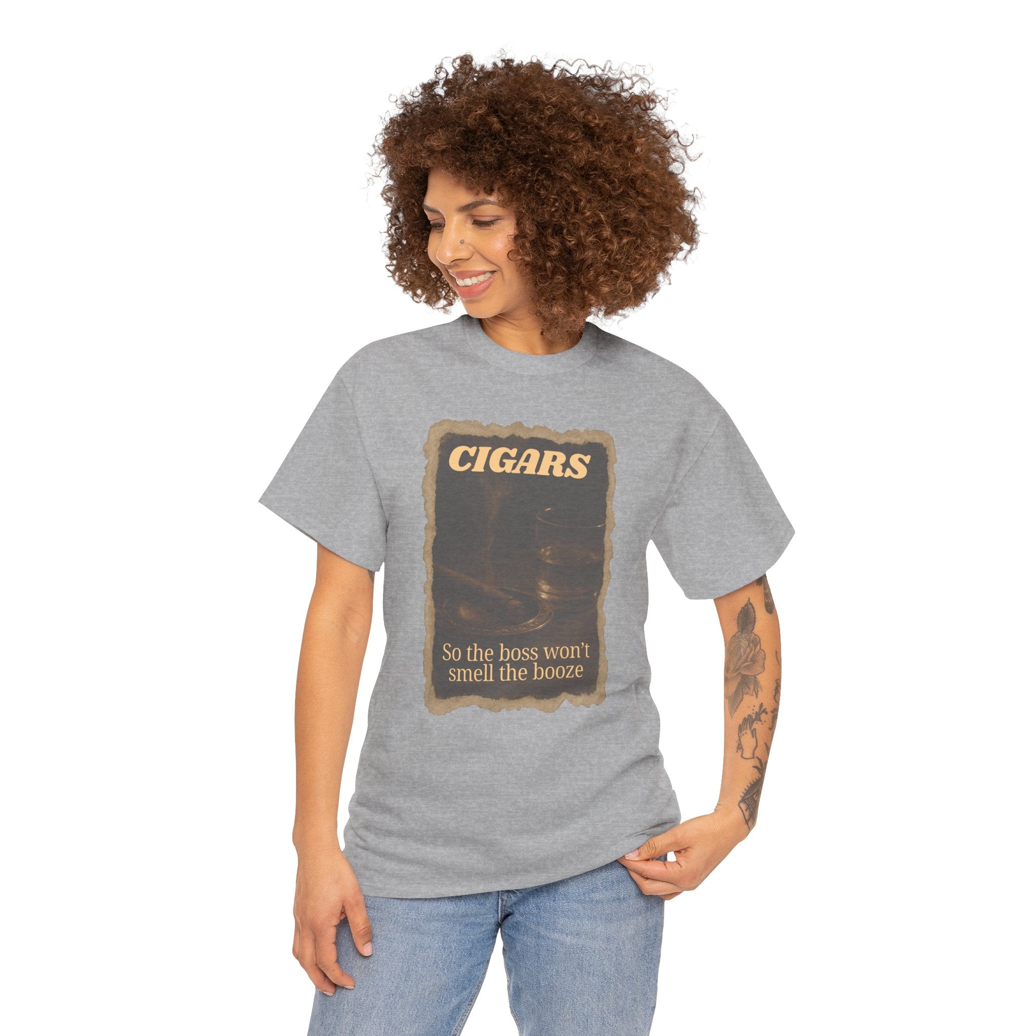 Vintage Cigar so Boss won't Smell the Booze Unisex Heavy Cotton T-shirt, Funny T-Shirt, Casual Wear, Perfect for Parties and Celebrations