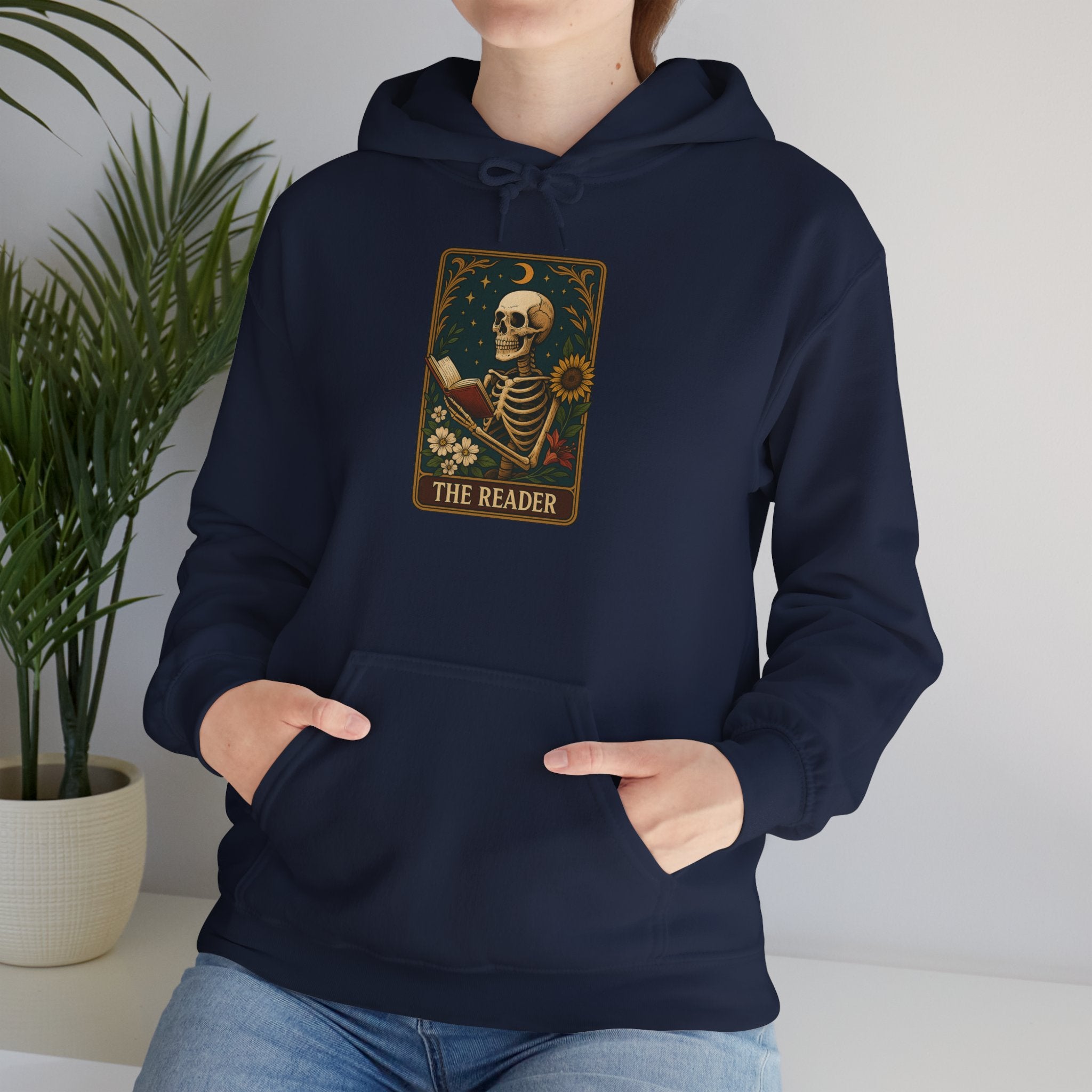 Skeleton Reader Tarot Hooded Sweatshirt - Cozy Gift for Book Lovers, Halloween Pullover, Unisex Sweatshirt, Literary Themed Hoodie