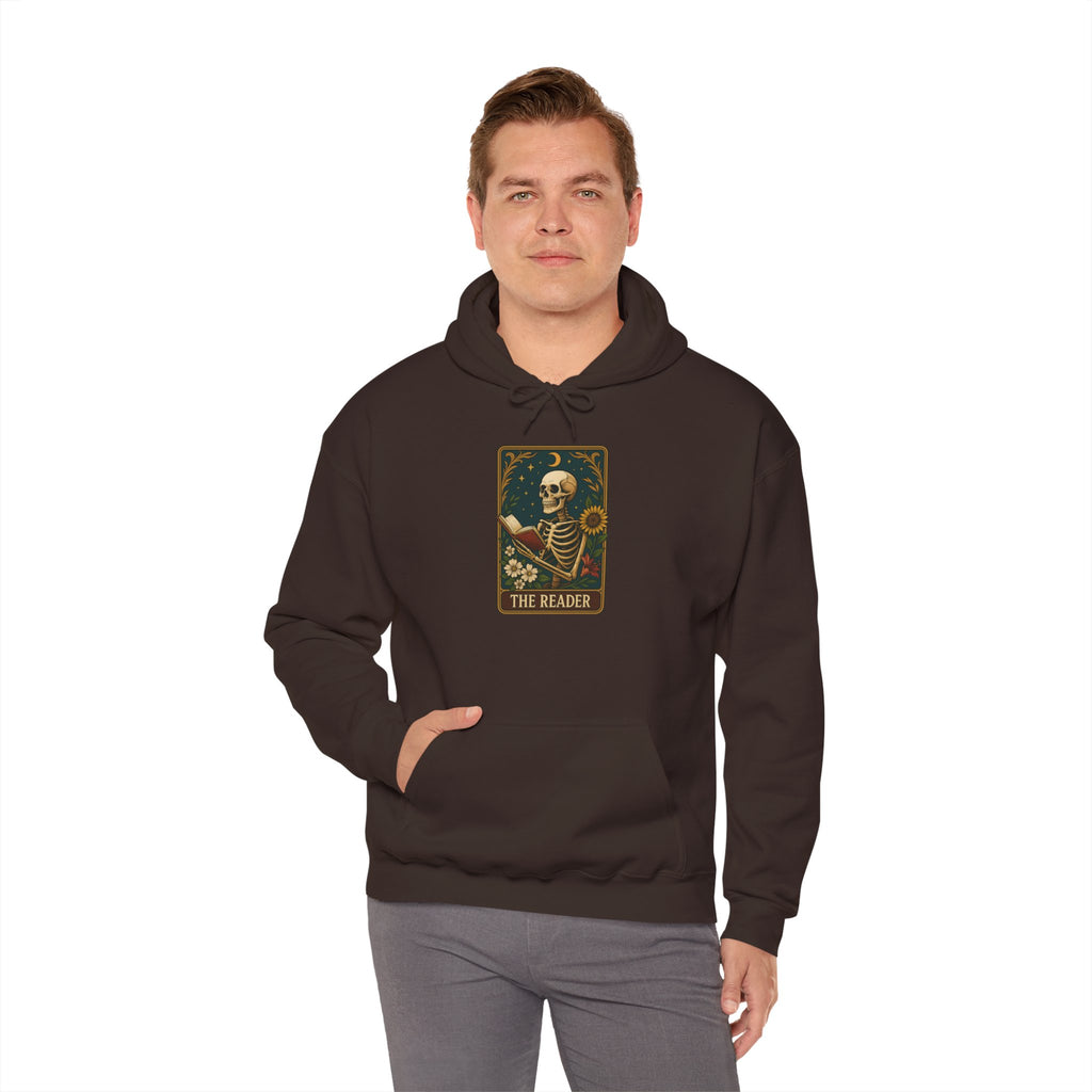 Skeleton Reader Tarot Hooded Sweatshirt - Cozy Gift for Book Lovers, Halloween Pullover, Unisex Sweatshirt, Literary Themed Hoodie