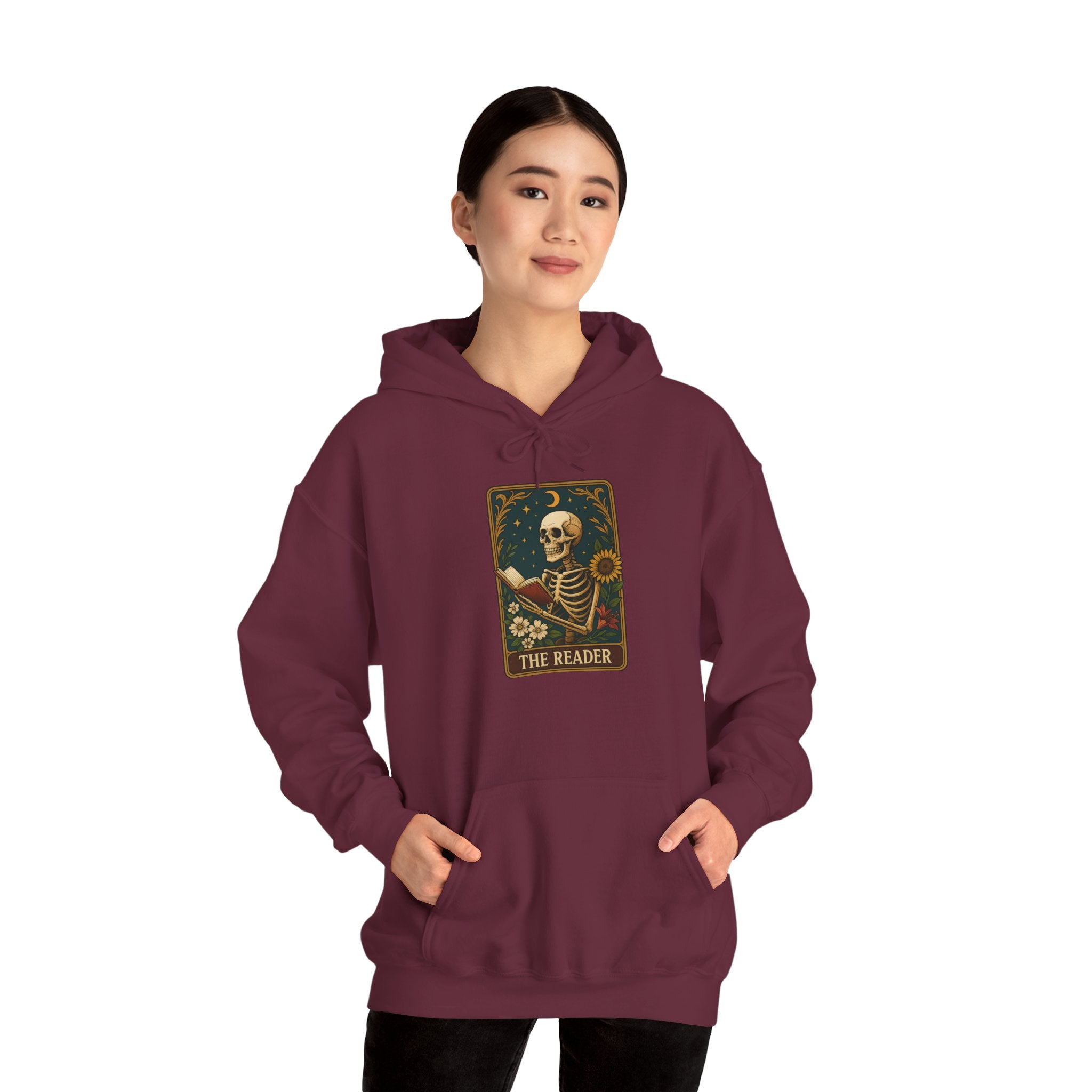 Skeleton Reader Tarot Hooded Sweatshirt - Cozy Gift for Book Lovers, Halloween Pullover, Unisex Sweatshirt, Literary Themed Hoodie