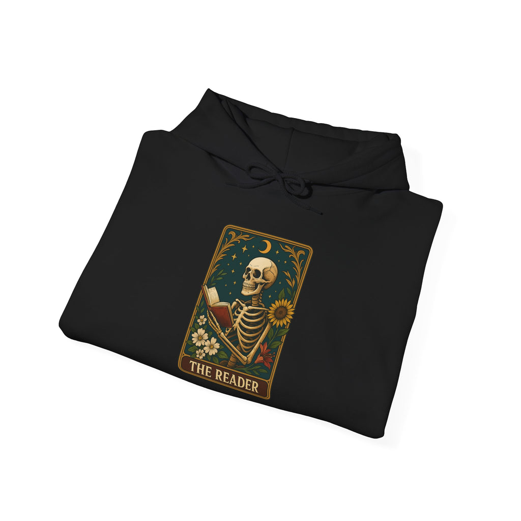 Skeleton Reader Tarot Hooded Sweatshirt - Cozy Gift for Book Lovers, Halloween Pullover, Unisex Sweatshirt, Literary Themed Hoodie