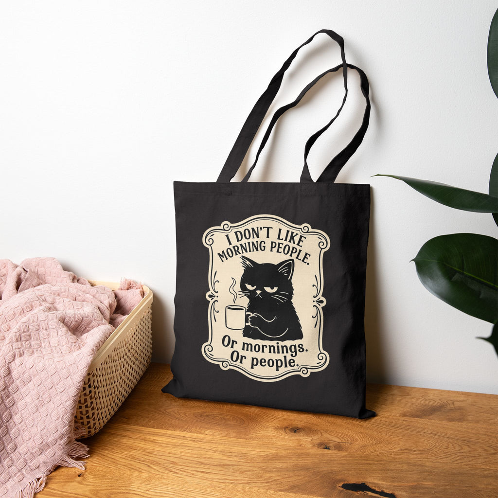 "I Don't Like Morning People" - Funny Cat Tote Bag, Gift for Cat Lovers, Beach Bag, Shopping Bag, Eco-Friendly Reusable Tote
