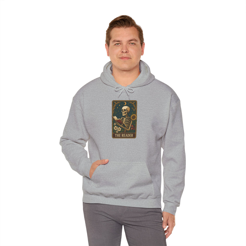 Skeleton Reader Tarot Hooded Sweatshirt - Cozy Gift for Book Lovers, Halloween Pullover, Unisex Sweatshirt, Literary Themed Hoodie