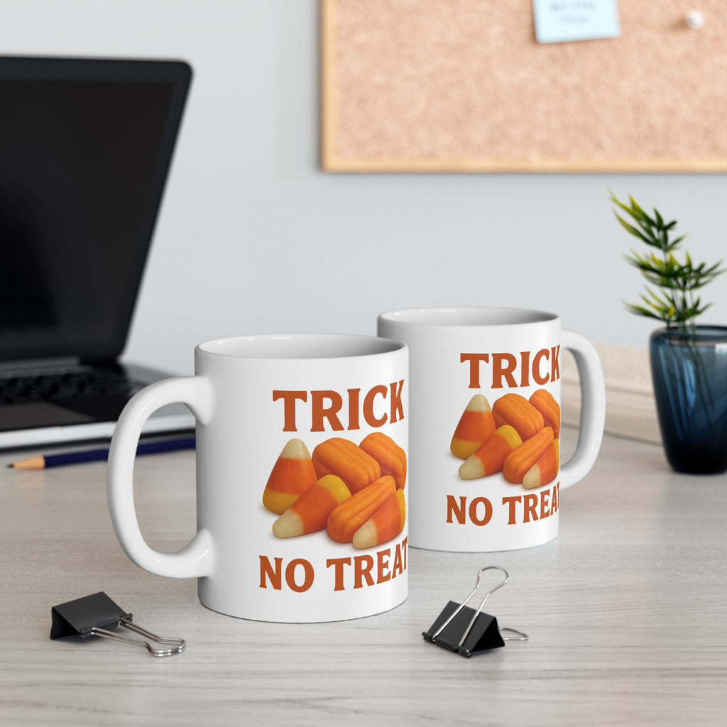 Trick No Treat, Candy Corn, Circus Peanut Candy Coffee Mug - Halloween Coffee Cup, Perfect Gift for Halloween Lovers, Fun Gift for Friends
