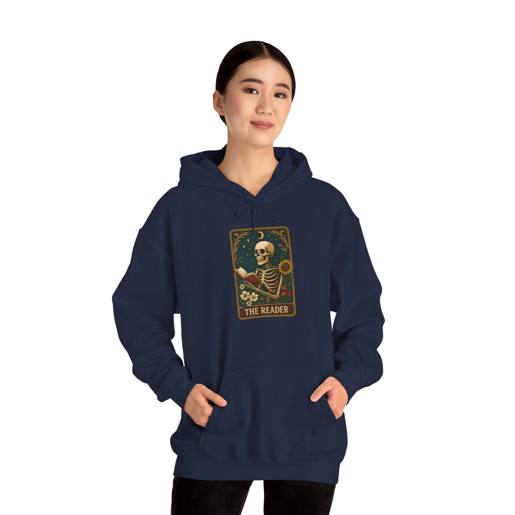 Skeleton Reader Tarot Hooded Sweatshirt - Cozy Gift for Book Lovers, Halloween Pullover, Unisex Sweatshirt, Literary Themed Hoodie