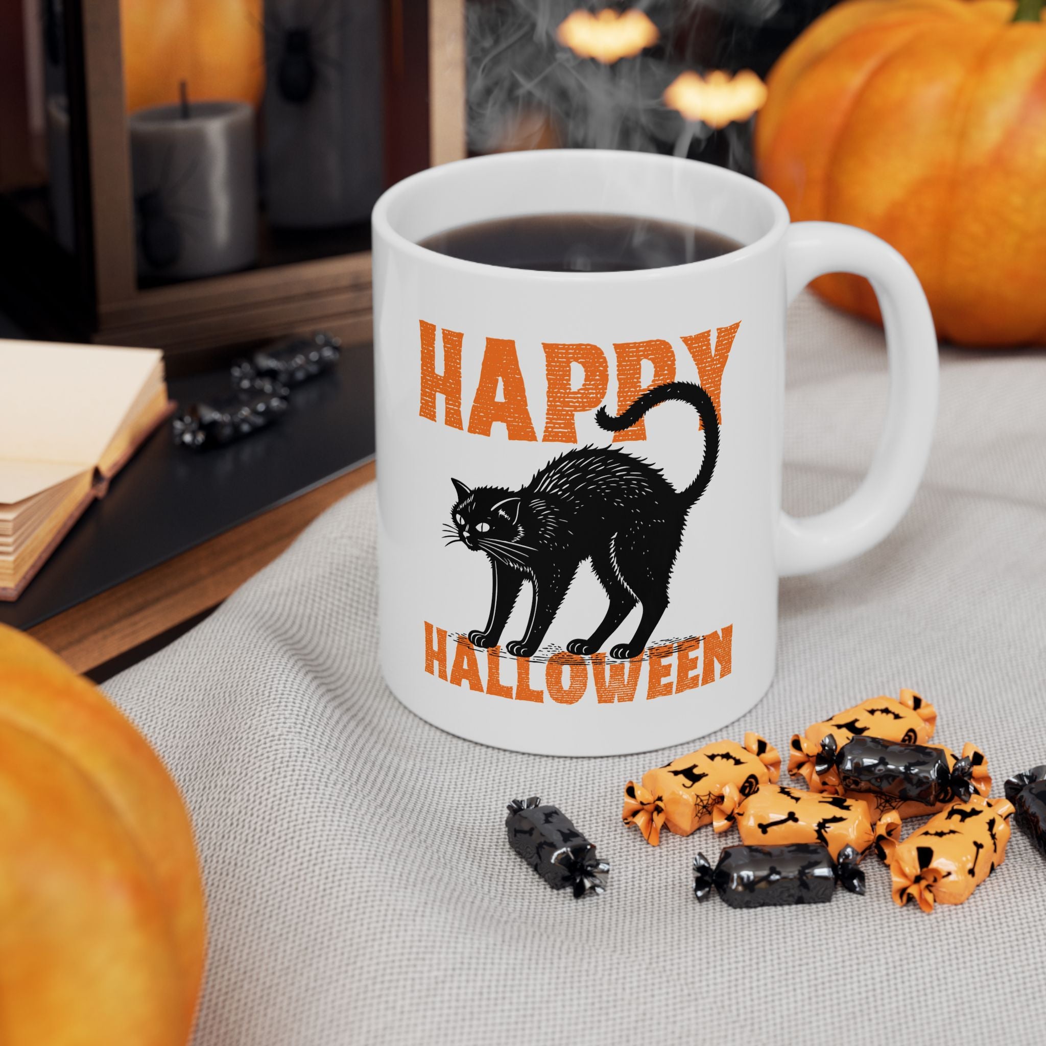 Halloween Cat Ceramic Mug - Perfect for Spooky Season, Cat Lovers, Fall Decor, Halloween Parties, Coffee Lovers