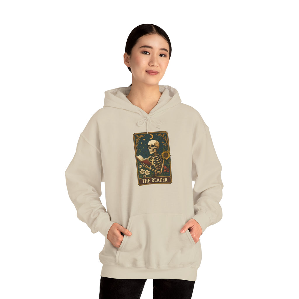 Skeleton Reader Tarot Hooded Sweatshirt - Cozy Gift for Book Lovers, Halloween Pullover, Unisex Sweatshirt, Literary Themed Hoodie
