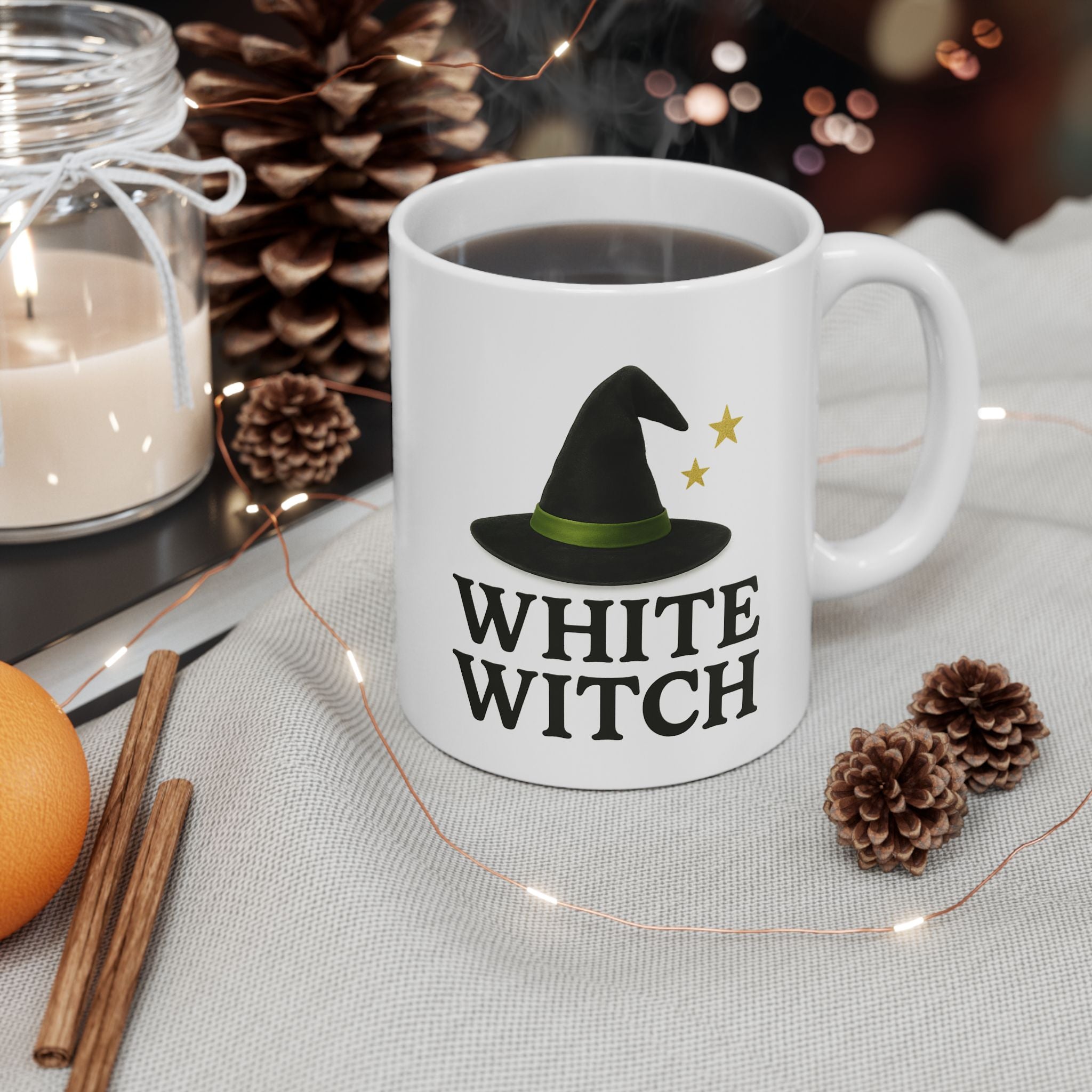 Ceramic Mug with White Witch Design, Spellbinding Coffee Cup, Halloween Decor, Gift for Witch Lovers, White Witch Mug, 11oz and 15oz Sizes
