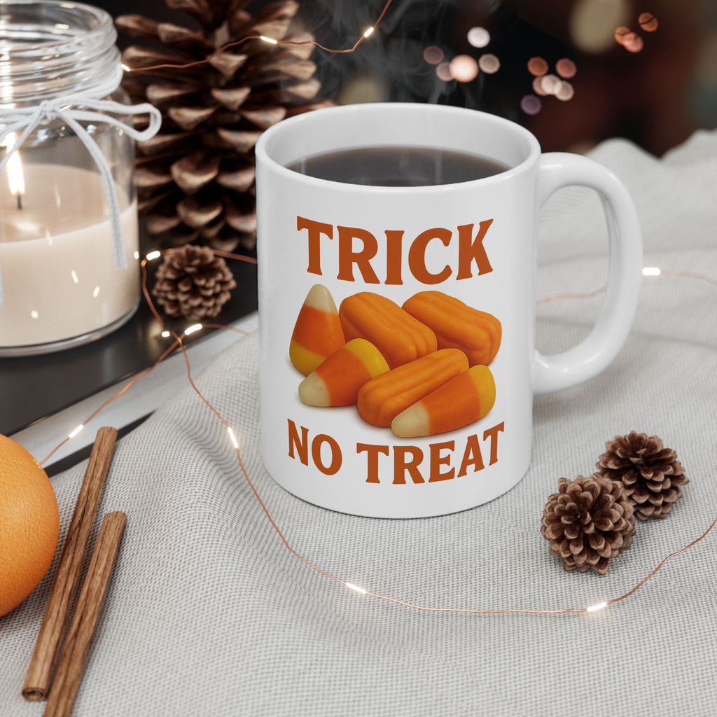 Trick No Treat, Candy Corn, Circus Peanut Candy Coffee Mug - Halloween Coffee Cup, Perfect Gift for Halloween Lovers, Fun Gift for Friends