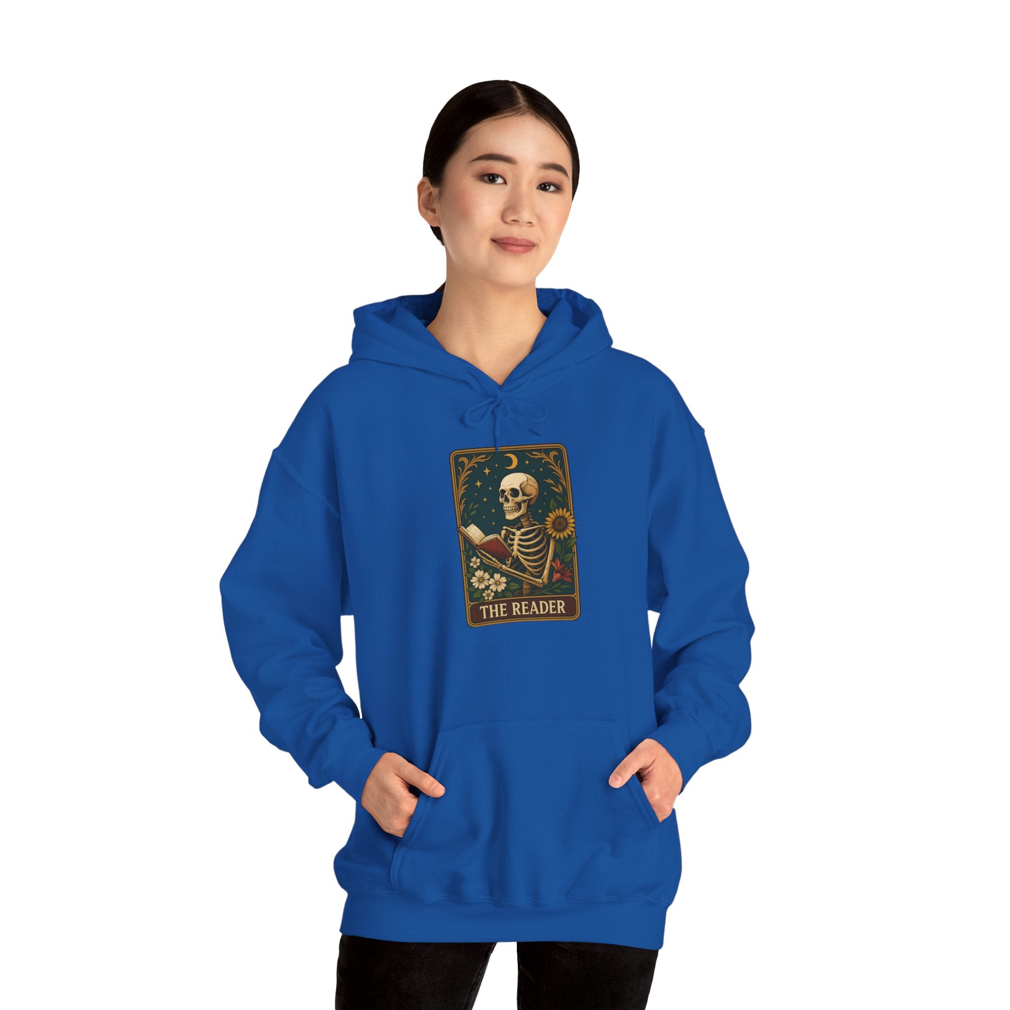 Skeleton Reader Tarot Hooded Sweatshirt - Cozy Gift for Book Lovers, Halloween Pullover, Unisex Sweatshirt, Literary Themed Hoodie