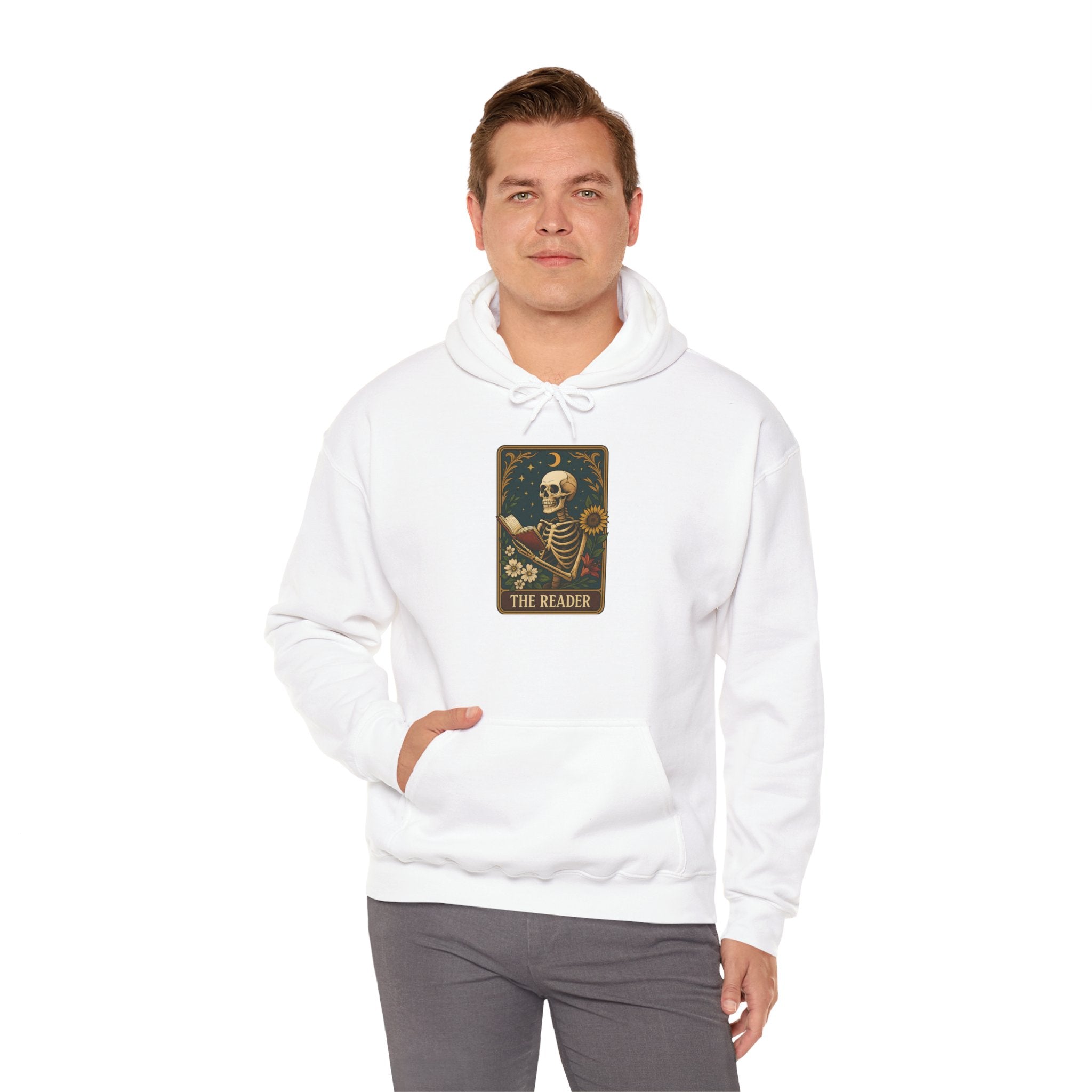 Skeleton Reader Tarot Hooded Sweatshirt - Cozy Gift for Book Lovers, Halloween Pullover, Unisex Sweatshirt, Literary Themed Hoodie