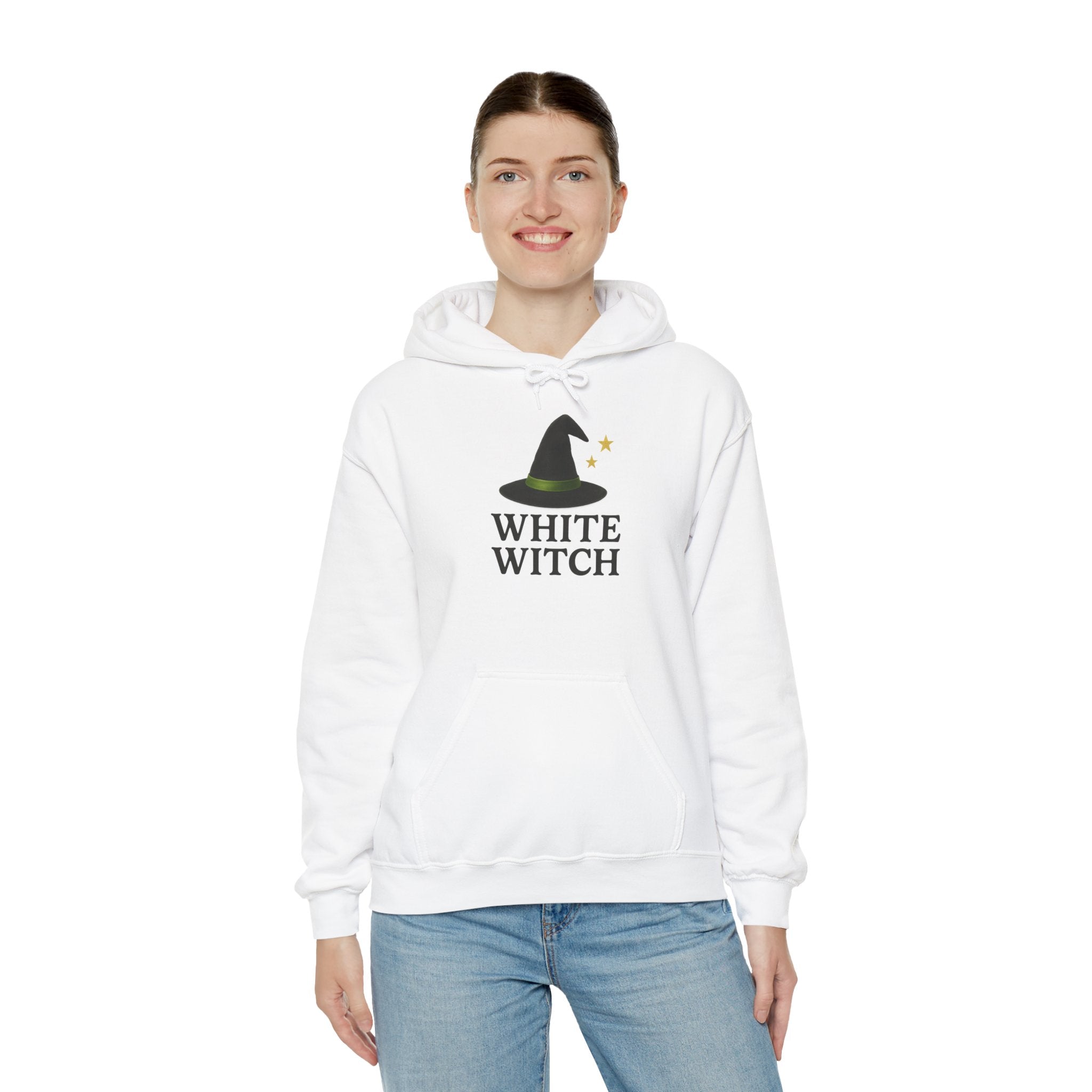 White Witch Hooded Sweatshirt, Cozy Halloween Apparel, Witchcraft Sweatshirt, Gift for Wiccans, Unisex Autumn Hoodie