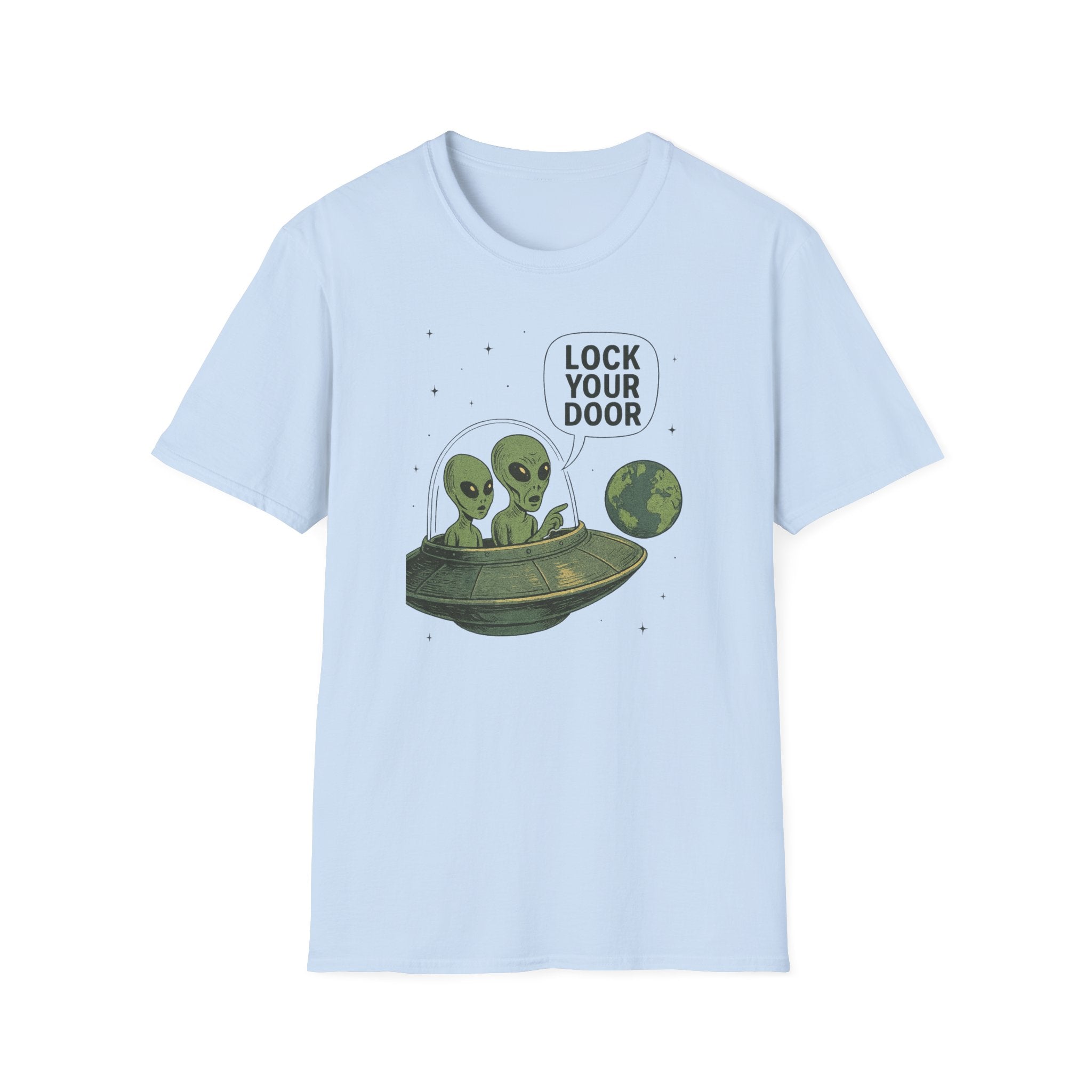 Funny Alien Lock Your Door Tee, UFO Fan Gift, Unisex Casual Wear, Science Fiction Tee, Quirky Graphic Shirt, Humor Apparel