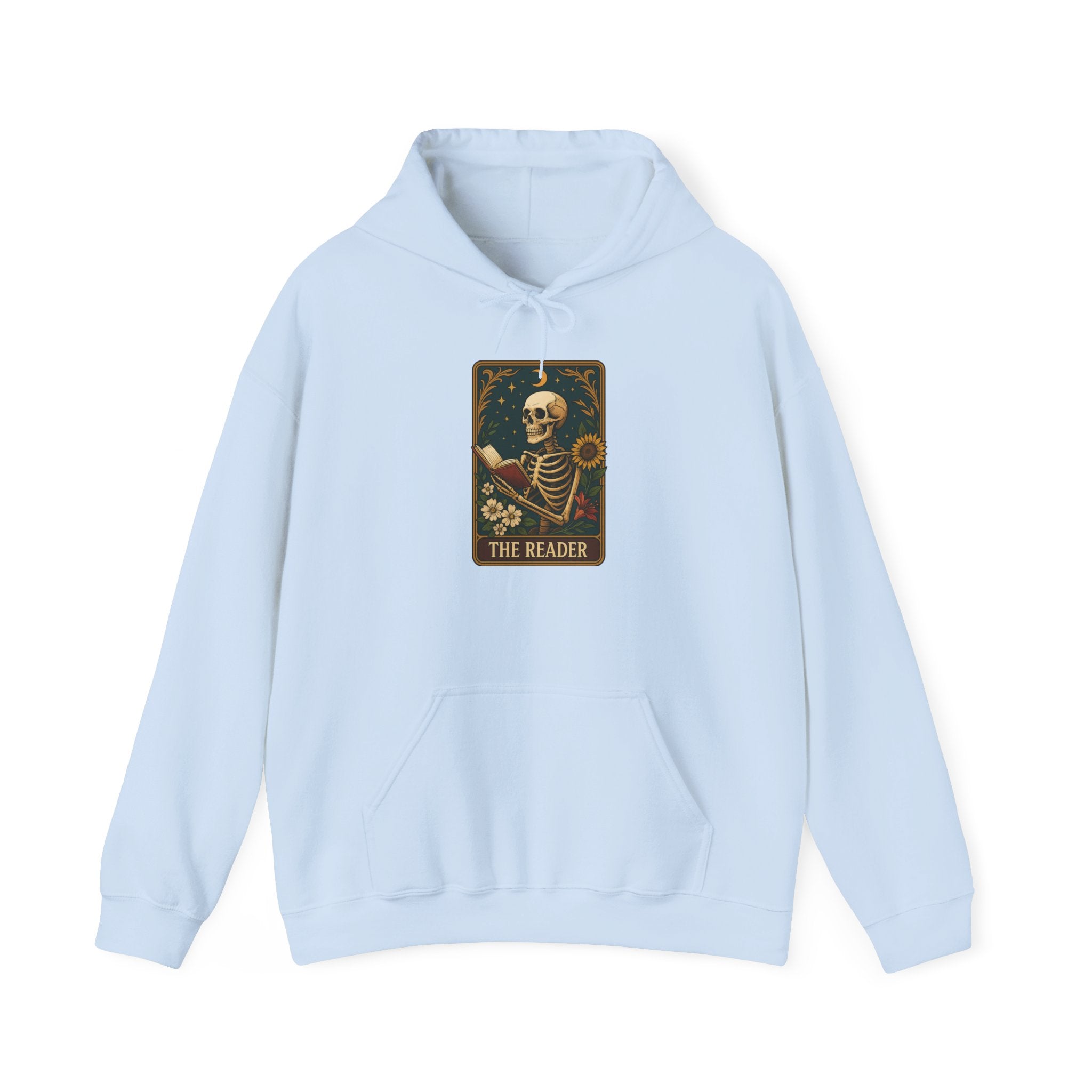 Skeleton Reader Tarot Hooded Sweatshirt - Cozy Gift for Book Lovers, Halloween Pullover, Unisex Sweatshirt, Literary Themed Hoodie