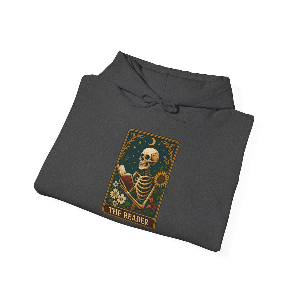 Skeleton Reader Tarot Hooded Sweatshirt - Cozy Gift for Book Lovers, Halloween Pullover, Unisex Sweatshirt, Literary Themed Hoodie
