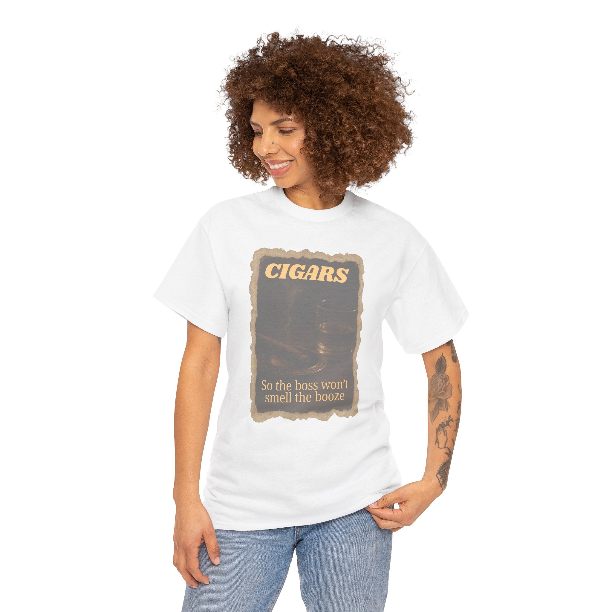 Vintage Cigar so Boss won't Smell the Booze Unisex Heavy Cotton T-shirt, Funny T-Shirt, Casual Wear, Perfect for Parties and Celebrations
