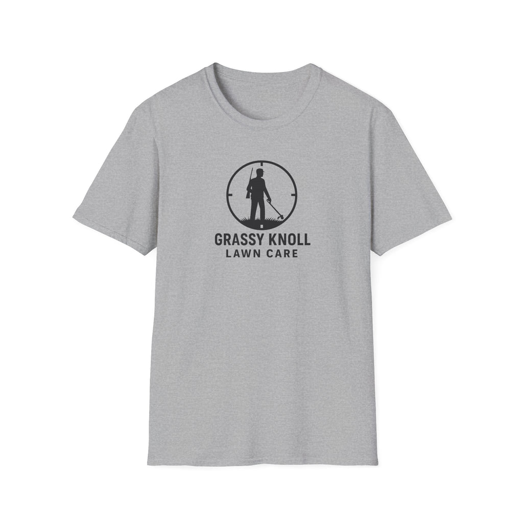 Gray t-shirt with 'Grassy Knoll Lawn Care' logo on a white background