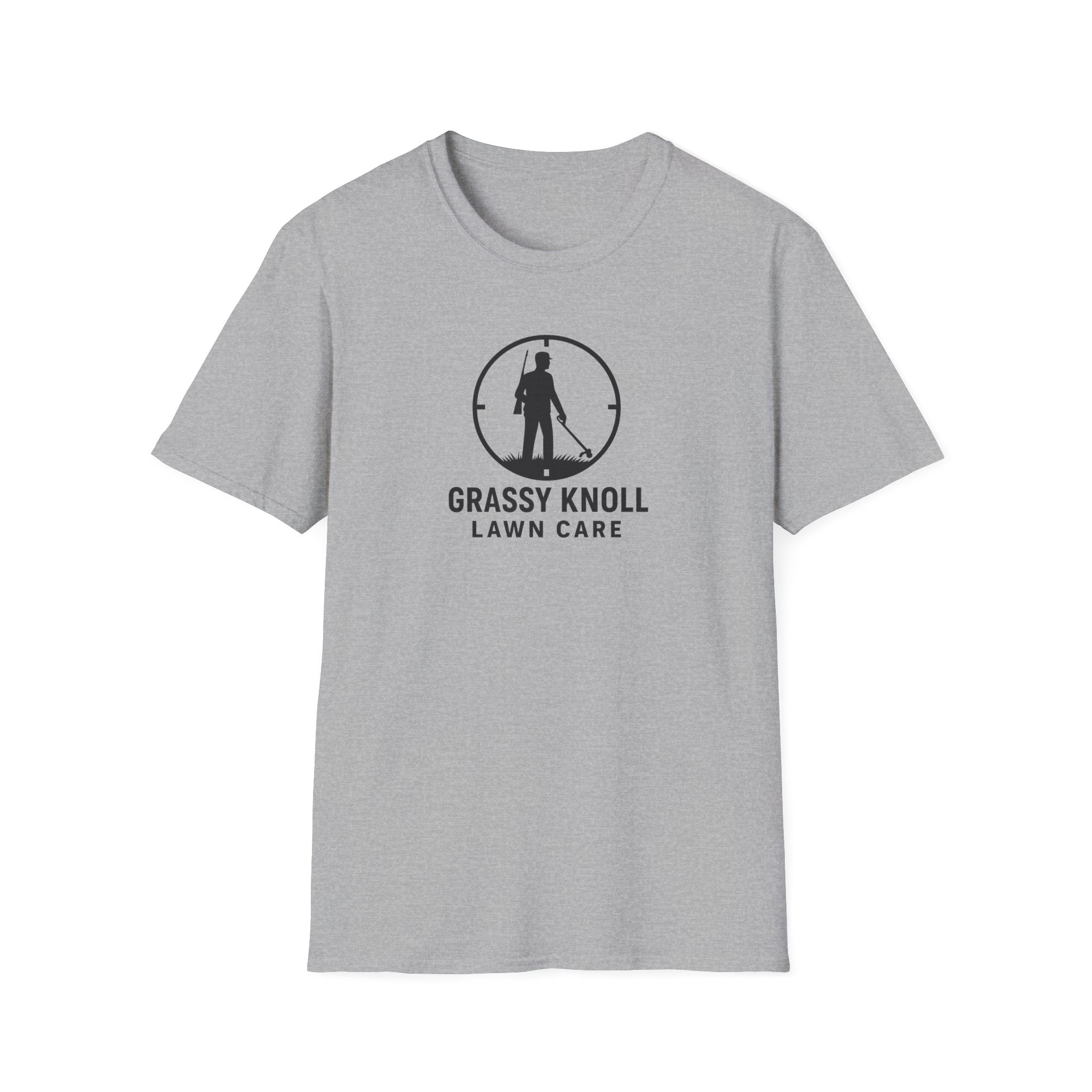 Gray t-shirt with 'Grassy Knoll Lawn Care' logo on a white background