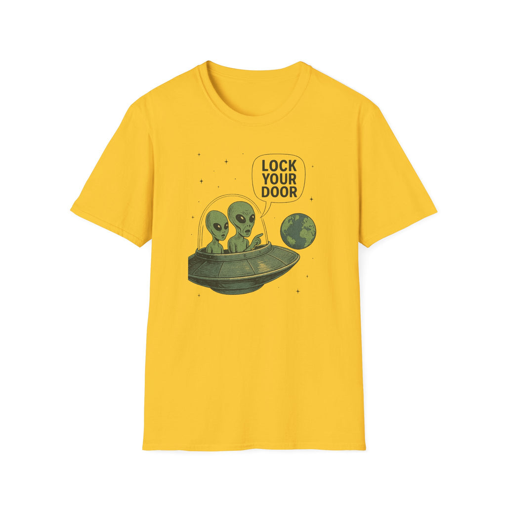 Funny Alien Lock Your Door Tee, UFO Fan Gift, Unisex Casual Wear, Science Fiction Tee, Quirky Graphic Shirt, Humor Apparel