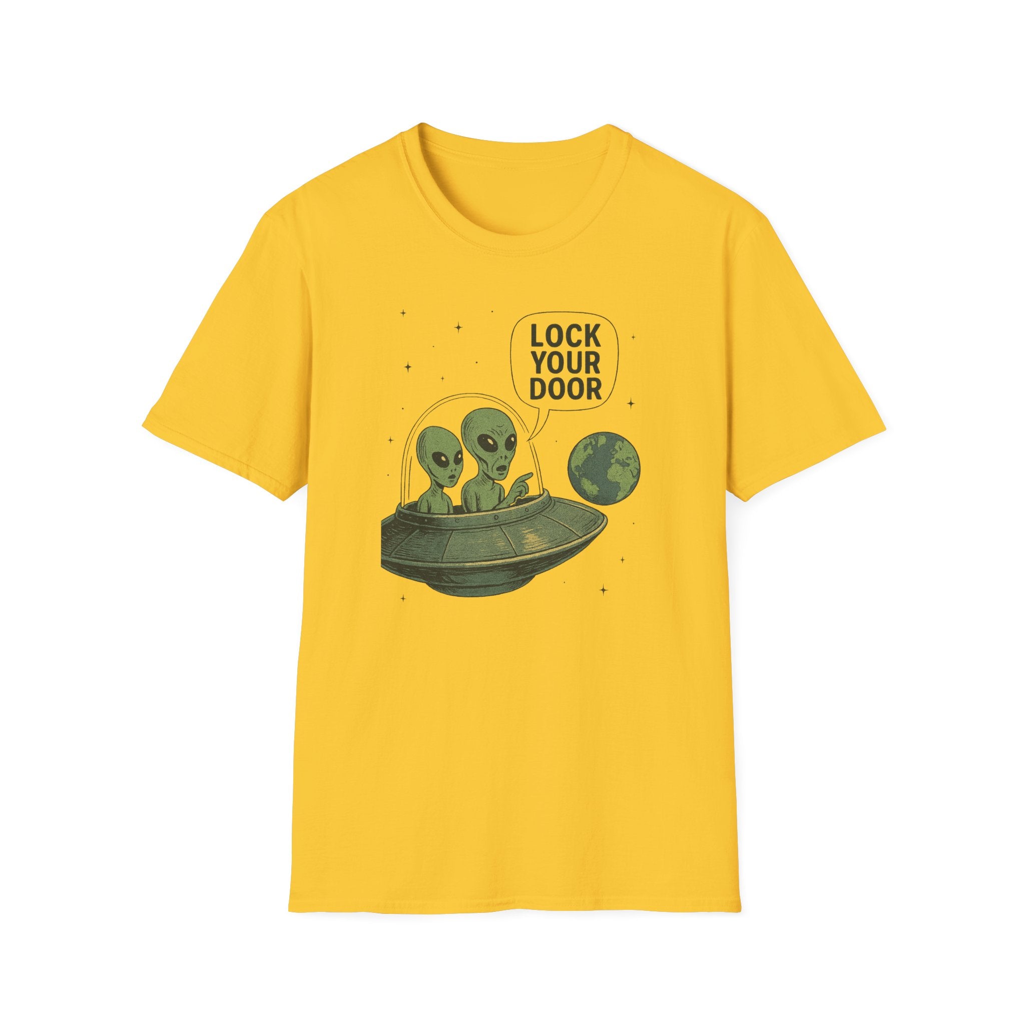 Funny Alien Lock Your Door Tee, UFO Fan Gift, Unisex Casual Wear, Science Fiction Tee, Quirky Graphic Shirt, Humor Apparel