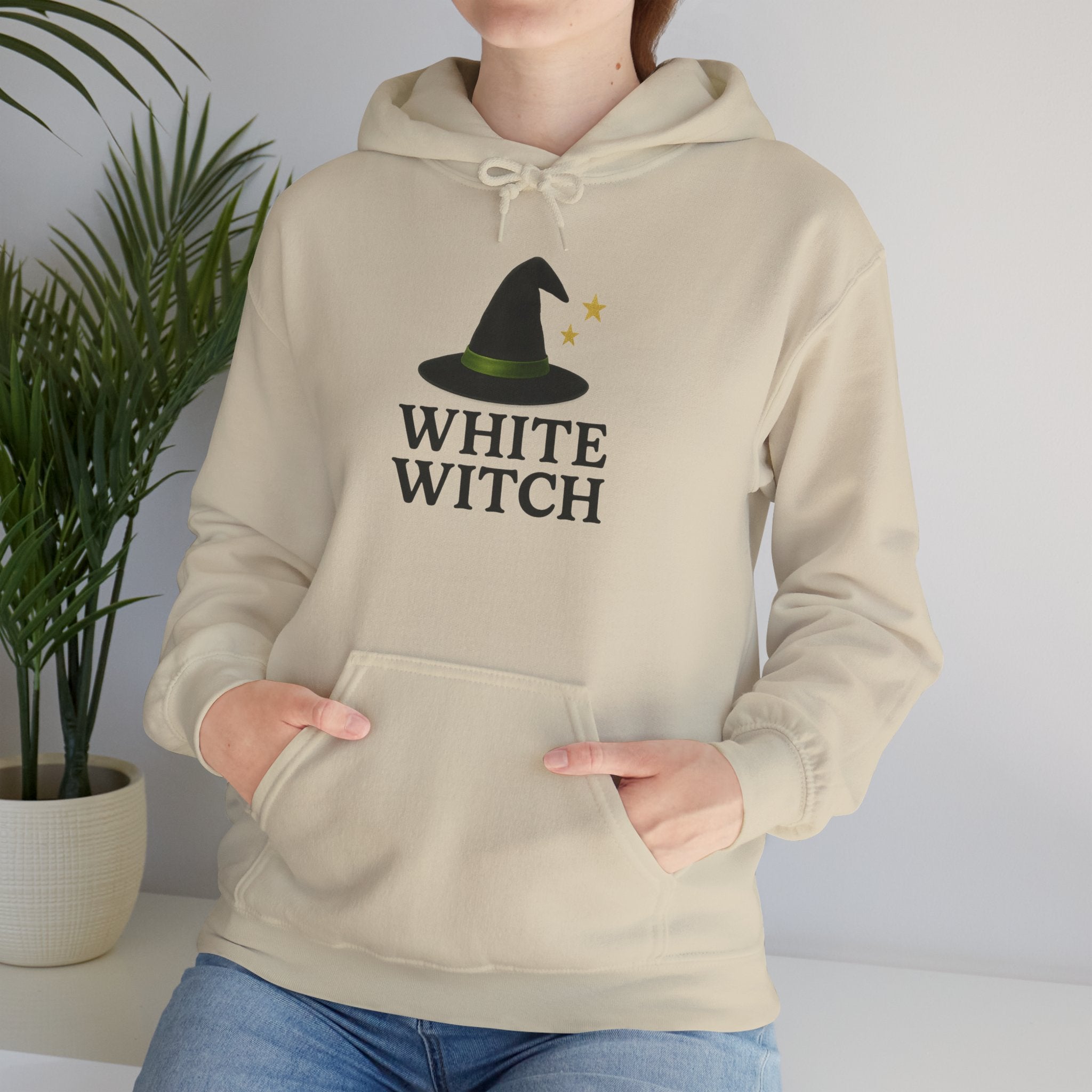 White Witch Hooded Sweatshirt, Cozy Halloween Apparel, Witchcraft Sweatshirt, Gift for Wiccans, Unisex Autumn Hoodie