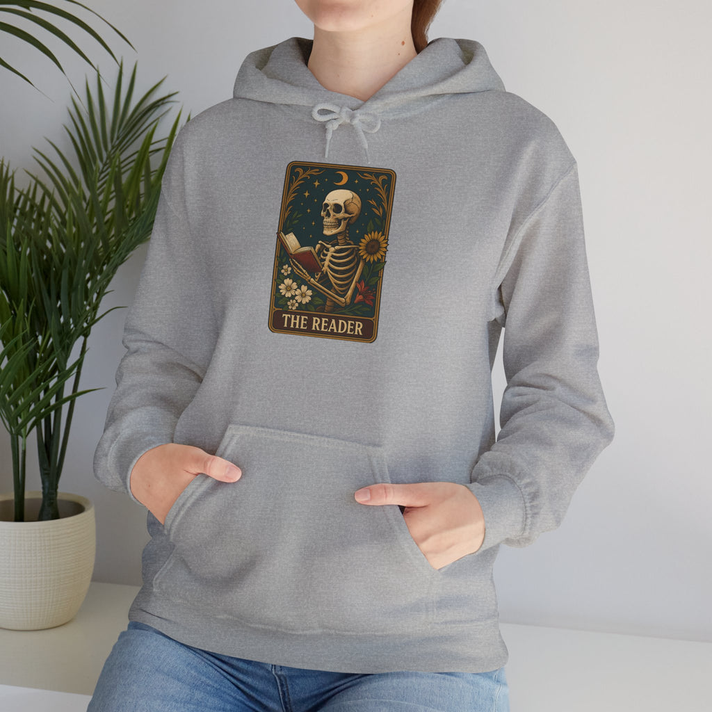 Skeleton Reader Tarot Hooded Sweatshirt - Cozy Gift for Book Lovers, Halloween Pullover, Unisex Sweatshirt, Literary Themed Hoodie