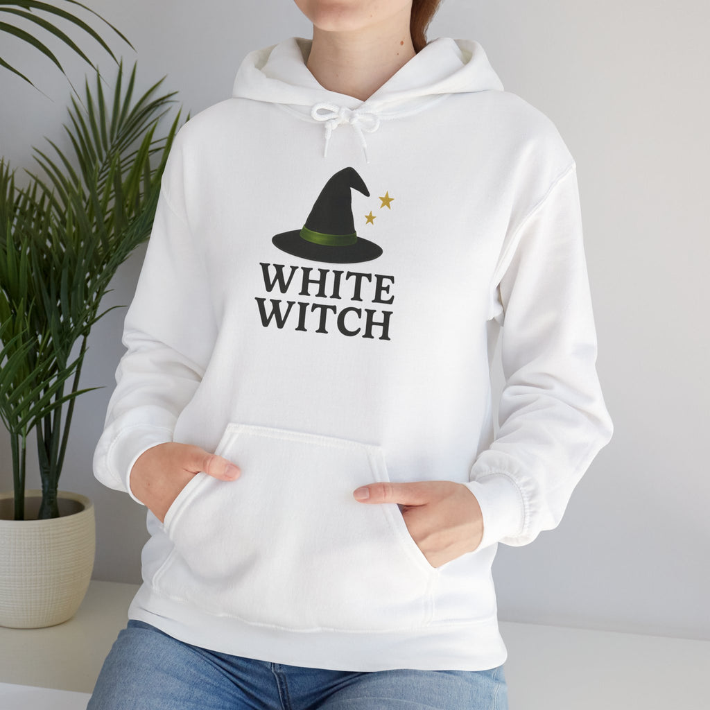 White Witch Hooded Sweatshirt, Cozy Halloween Apparel, Witchcraft Sweatshirt, Gift for Wiccans, Unisex Autumn Hoodie