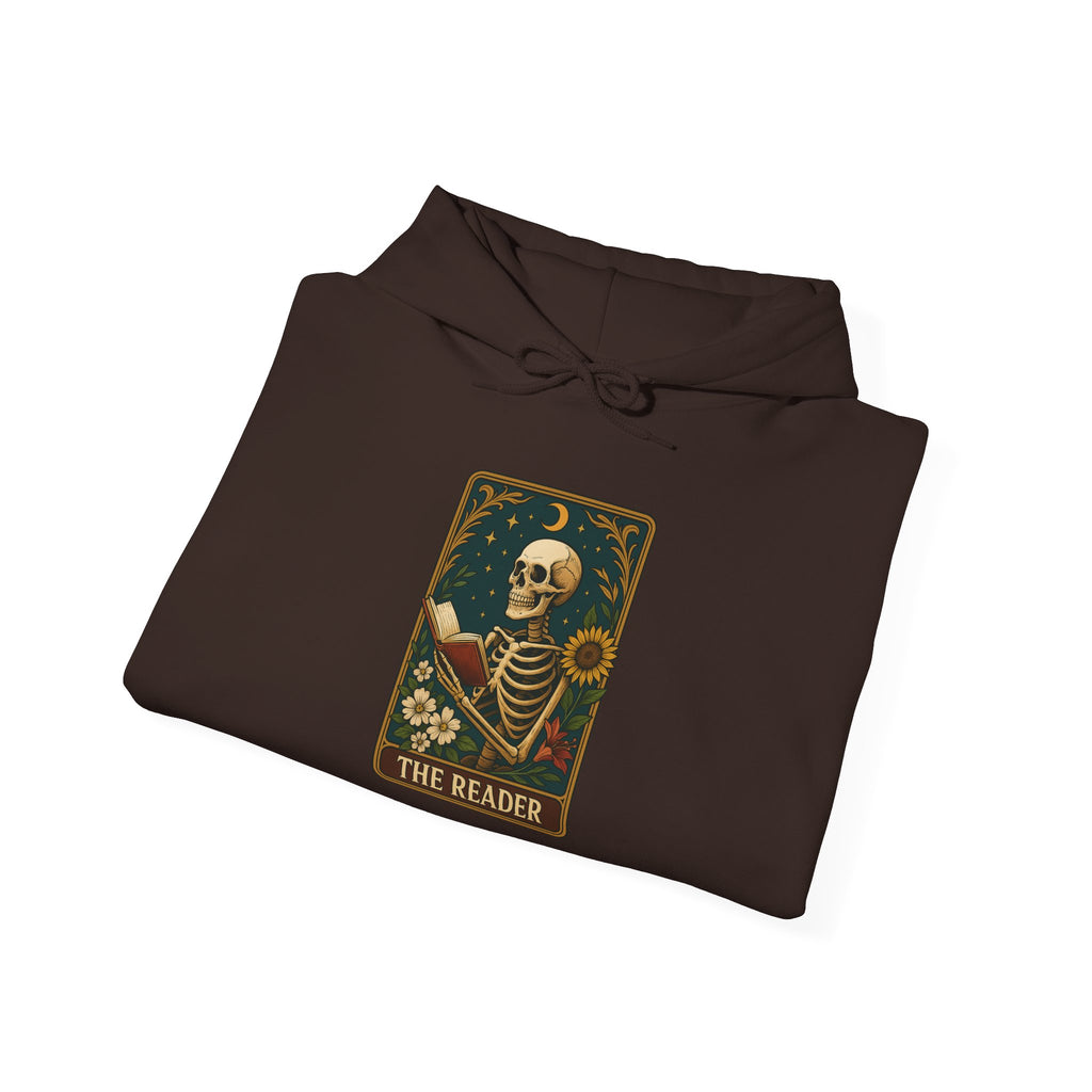 Skeleton Reader Tarot Hooded Sweatshirt - Cozy Gift for Book Lovers, Halloween Pullover, Unisex Sweatshirt, Literary Themed Hoodie