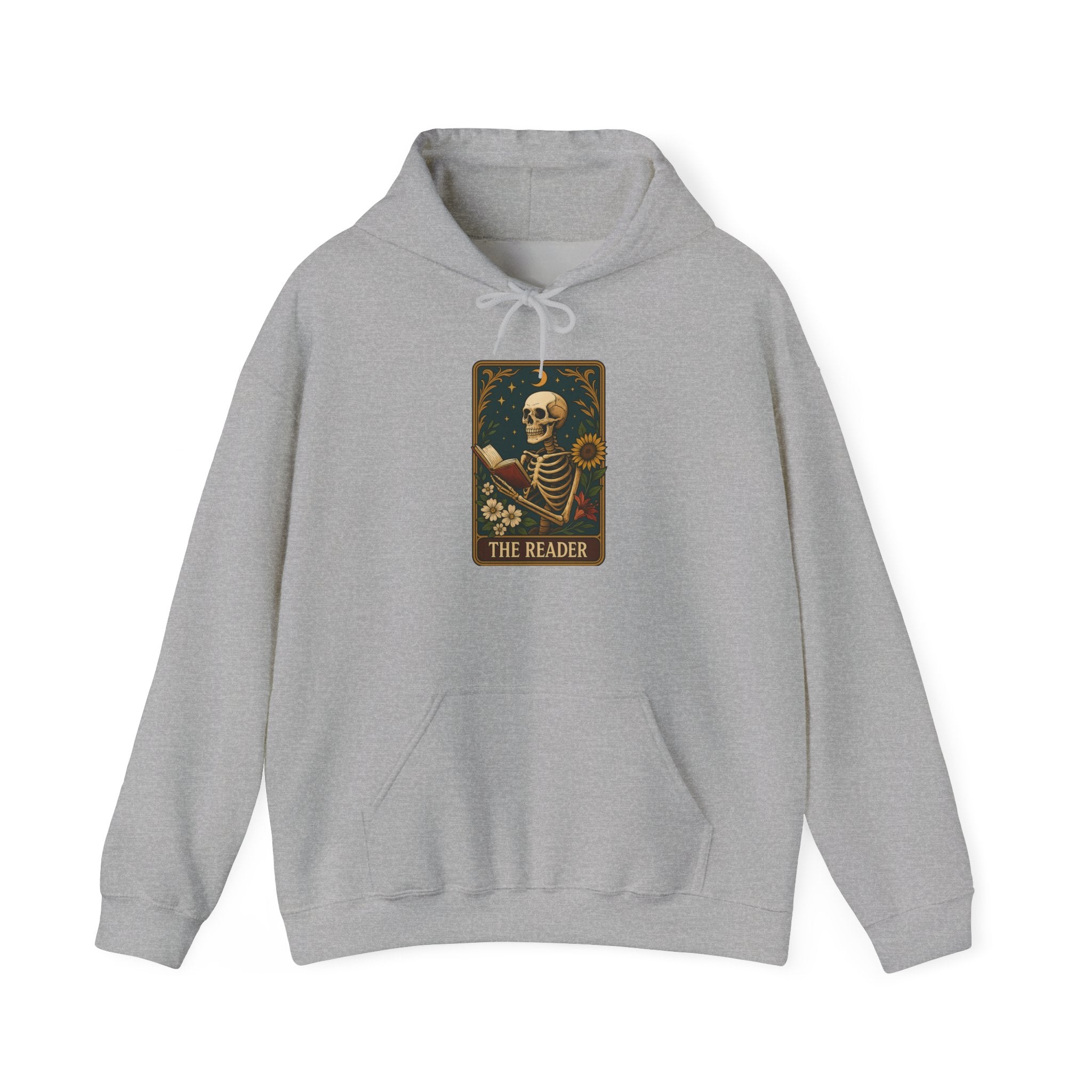 Skeleton Reader Tarot Hooded Sweatshirt - Cozy Gift for Book Lovers, Halloween Pullover, Unisex Sweatshirt, Literary Themed Hoodie