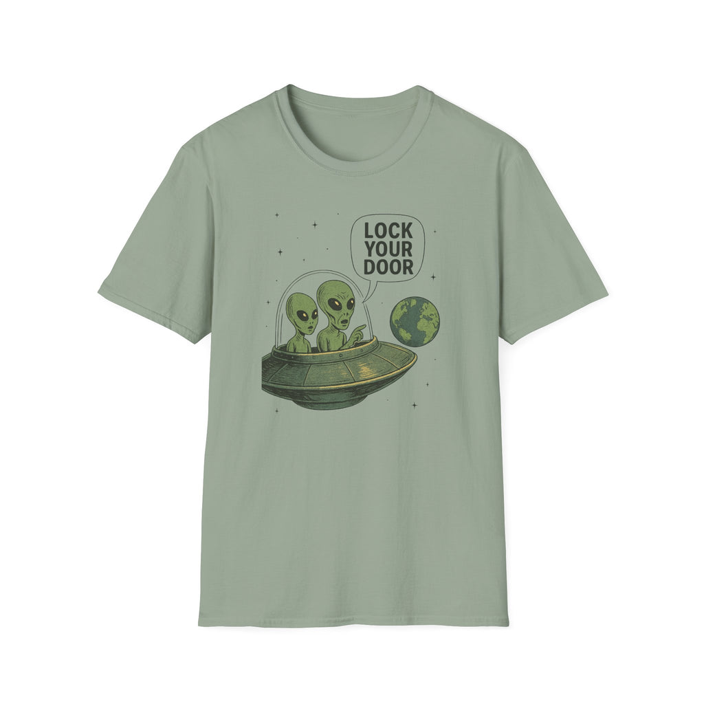 Funny Alien Lock Your Door Tee, UFO Fan Gift, Unisex Casual Wear, Science Fiction Tee, Quirky Graphic Shirt, Humor Apparel