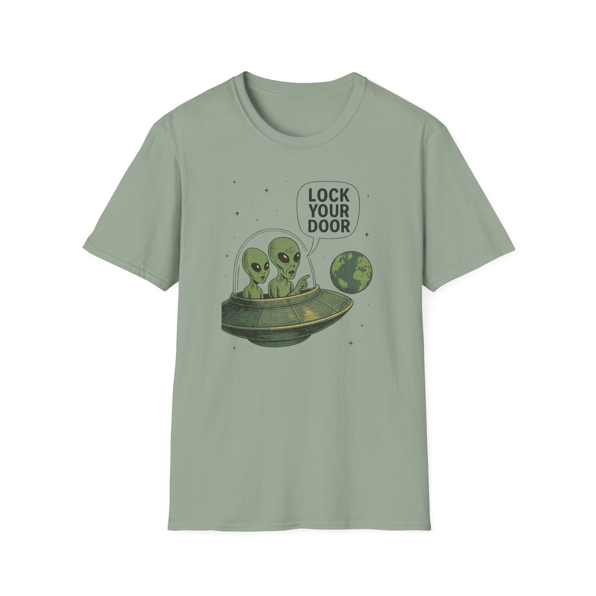 Funny Alien Lock Your Door Tee, UFO Fan Gift, Unisex Casual Wear, Science Fiction Tee, Quirky Graphic Shirt, Humor Apparel