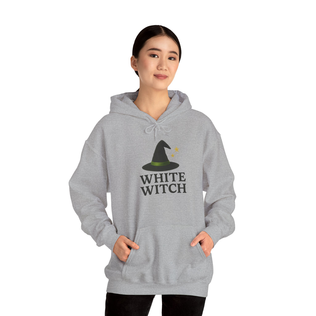 White Witch Hooded Sweatshirt, Cozy Halloween Apparel, Witchcraft Sweatshirt, Gift for Wiccans, Unisex Autumn Hoodie