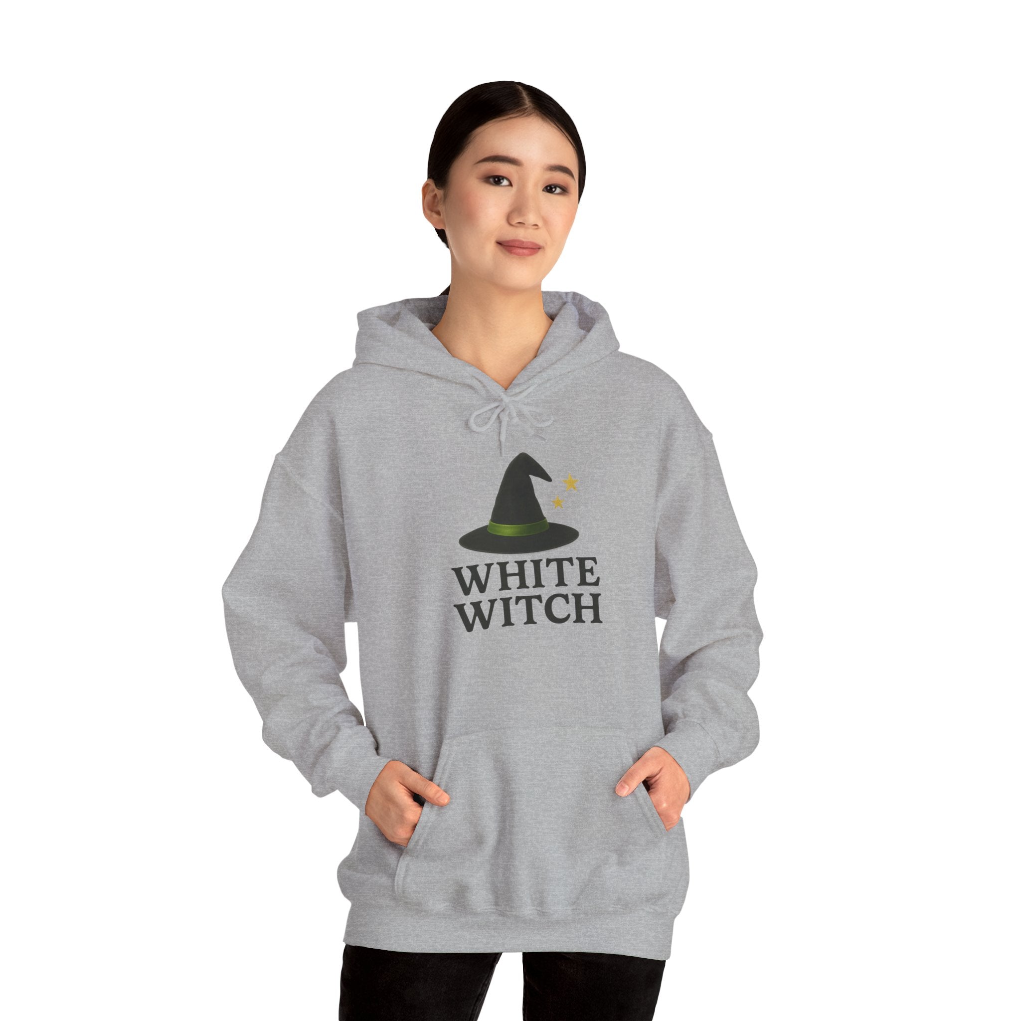 White Witch Hooded Sweatshirt, Cozy Halloween Apparel, Witchcraft Sweatshirt, Gift for Wiccans, Unisex Autumn Hoodie