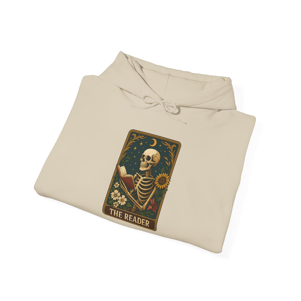 Skeleton Reader Tarot Hooded Sweatshirt - Cozy Gift for Book Lovers, Halloween Pullover, Unisex Sweatshirt, Literary Themed Hoodie