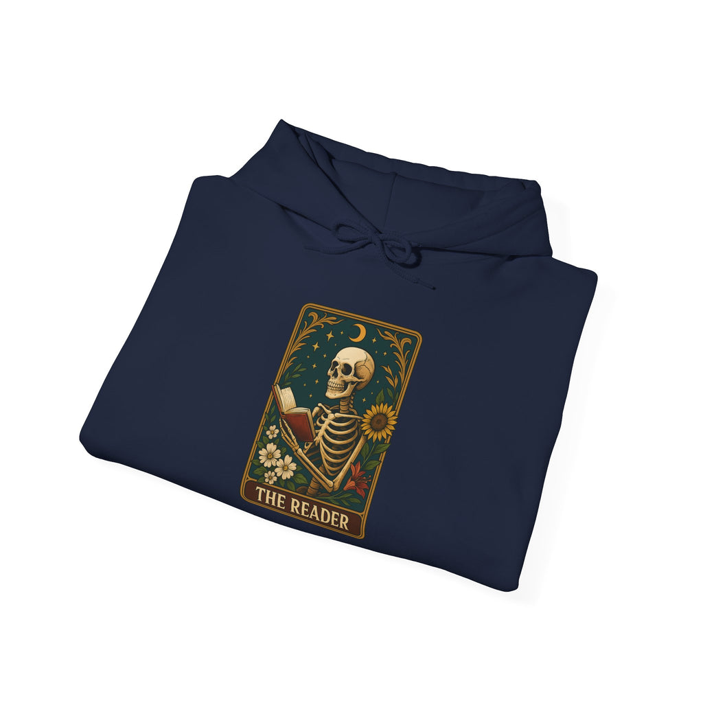 Skeleton Reader Tarot Hooded Sweatshirt - Cozy Gift for Book Lovers, Halloween Pullover, Unisex Sweatshirt, Literary Themed Hoodie