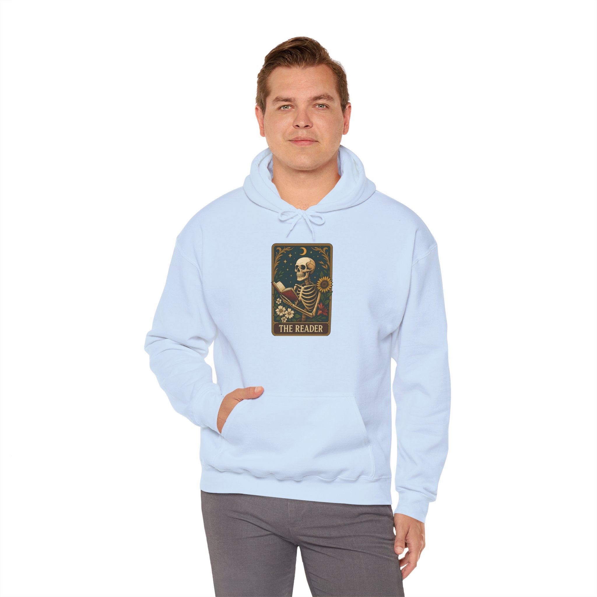 Skeleton Reader Tarot Hooded Sweatshirt - Cozy Gift for Book Lovers, Halloween Pullover, Unisex Sweatshirt, Literary Themed Hoodie