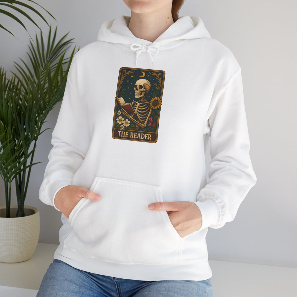 Skeleton Reader Tarot Hooded Sweatshirt - Cozy Gift for Book Lovers, Halloween Pullover, Unisex Sweatshirt, Literary Themed Hoodie