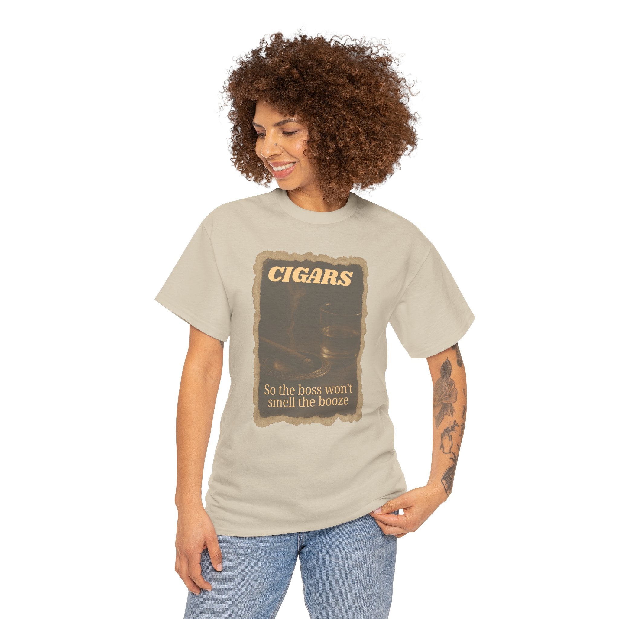 Vintage Cigar so Boss won't Smell the Booze Unisex Heavy Cotton T-shirt, Funny T-Shirt, Casual Wear, Perfect for Parties and Celebrations