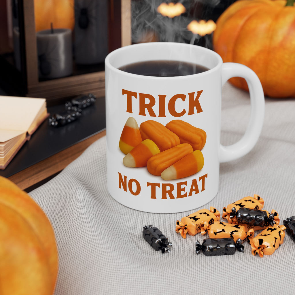Trick No Treat, Candy Corn, Circus Peanut Candy Coffee Mug - Halloween Coffee Cup, Perfect Gift for Halloween Lovers, Fun Gift for Friends